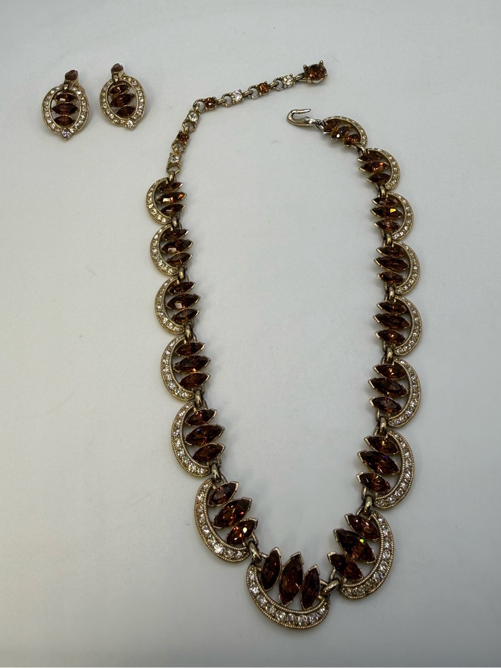 Vintage BOGOFF Topaz Rhinestone Necklace & Clip Earring Set Gold Tone 16”